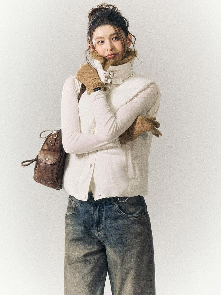SereneEase Cropped Plaid Stand Collar Vest Women's Polyester Puffer Jackets