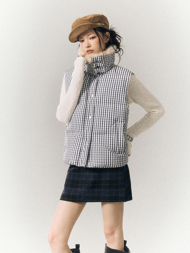 SereneEase Cropped Plaid Stand Collar Vest Women's Polyester Puffer Jackets