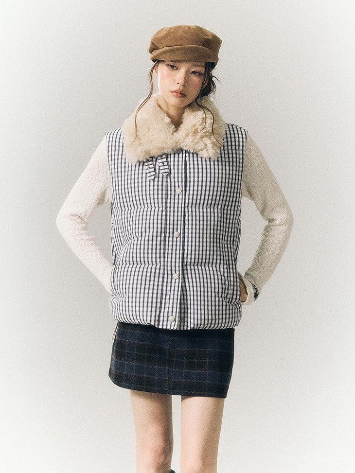 SereneEase Cropped Plaid Stand Collar Vest Women's Polyester Puffer Jackets