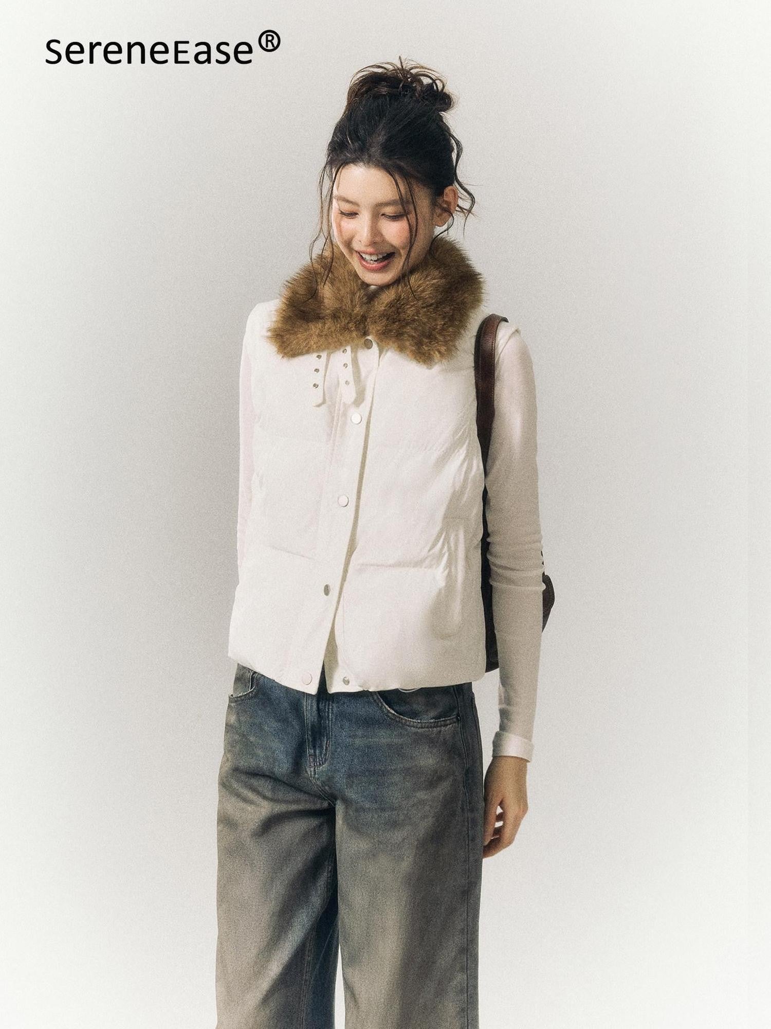 SereneEase Cropped Plaid Stand Collar Vest Women's Polyester Puffer Jackets