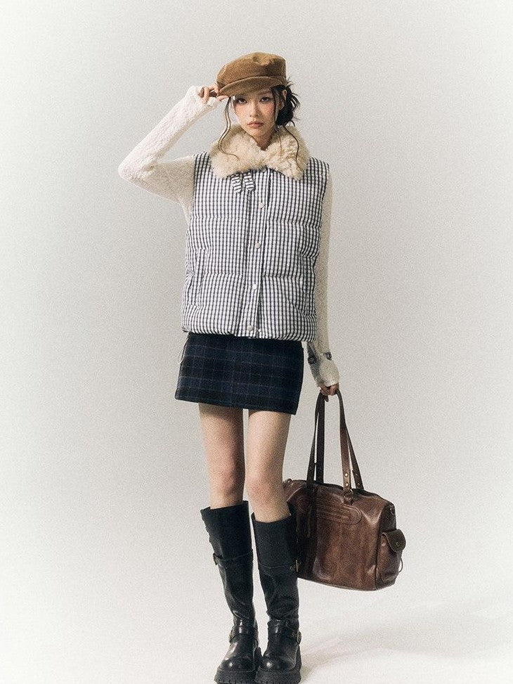 SereneEase Cropped Plaid Stand Collar Vest Women's Polyester Puffer Jackets