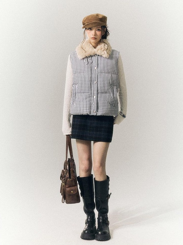 SereneEase Cropped Plaid Stand Collar Vest Women's Polyester Puffer Jackets