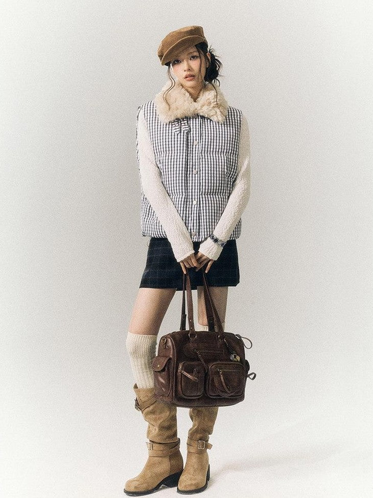 SereneEase Cropped Plaid Stand Collar Vest Women's Polyester Puffer Jackets