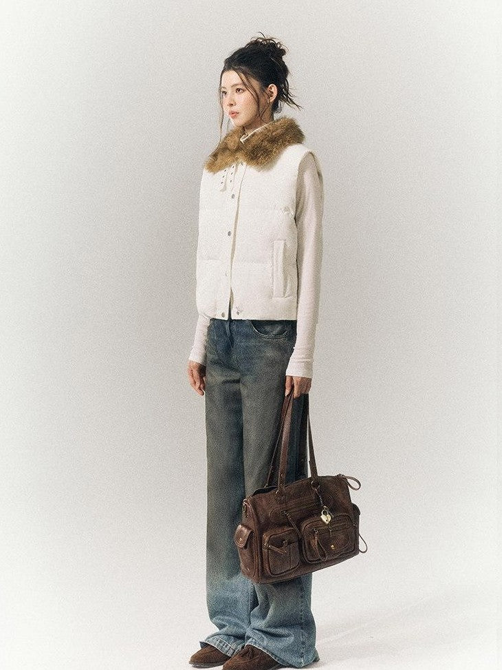 SereneEase Cropped Plaid Stand Collar Vest Women's Polyester Puffer Jackets