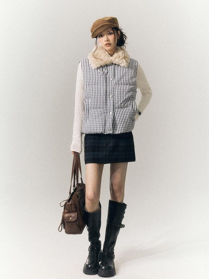 SereneEase Cropped Plaid Stand Collar Vest Women's Polyester Puffer Jackets