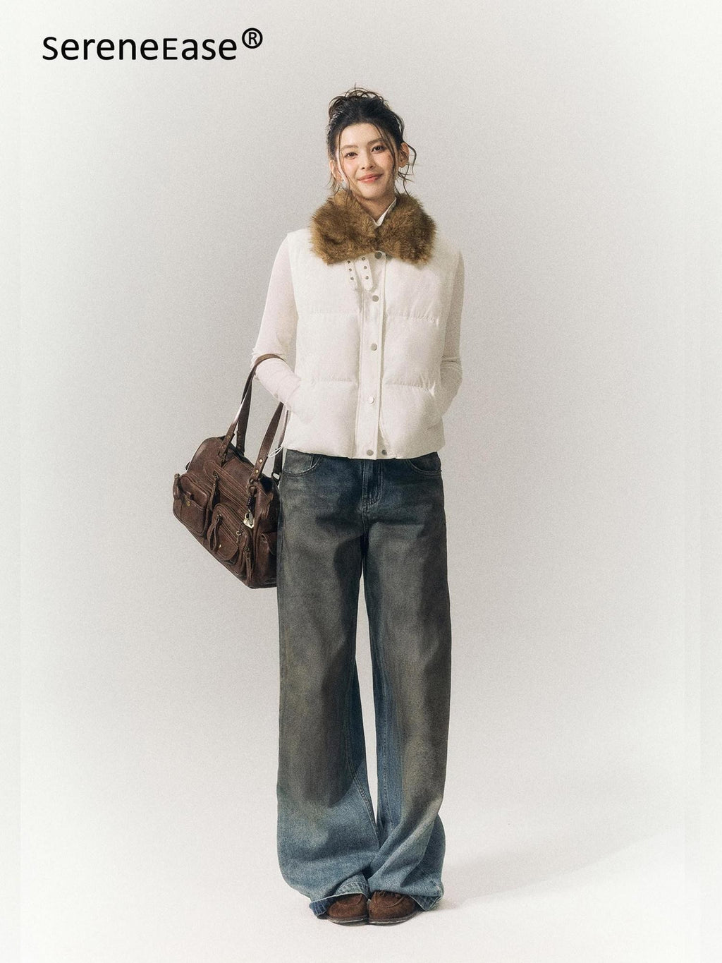 SereneEase Cropped Plaid Stand Collar Vest Women's Polyester Puffer Jackets