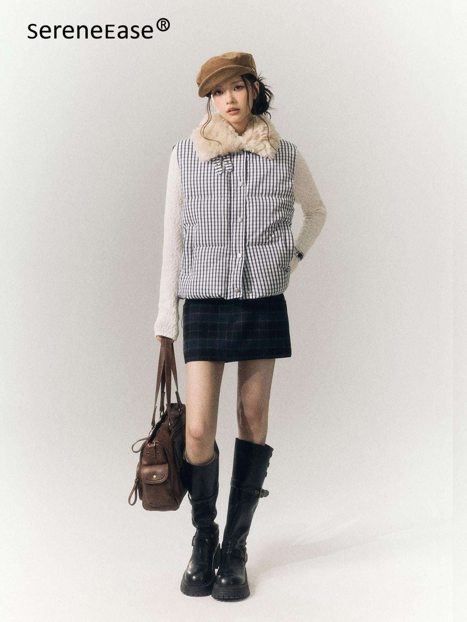 SereneEase Cropped Plaid Stand Collar Vest Women's Polyester Puffer Jackets