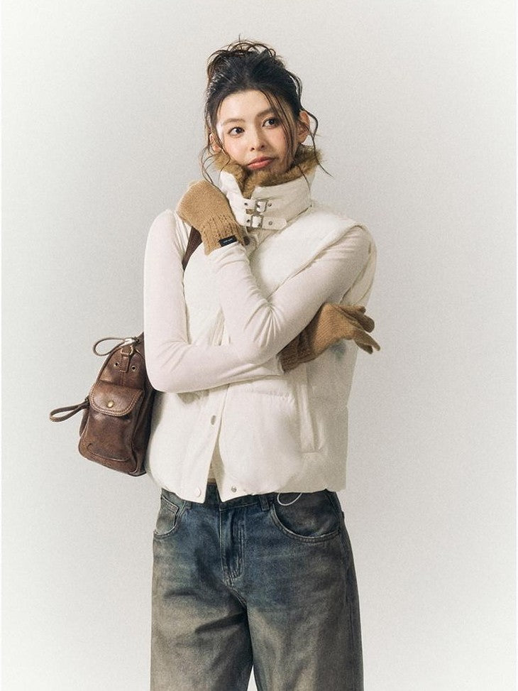 SereneEase Cropped Plaid Stand Collar Vest Women's Polyester Puffer Jackets