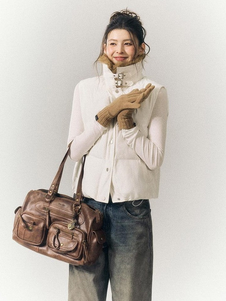 SereneEase Cropped Plaid Stand Collar Vest Women's Polyester Puffer Jackets