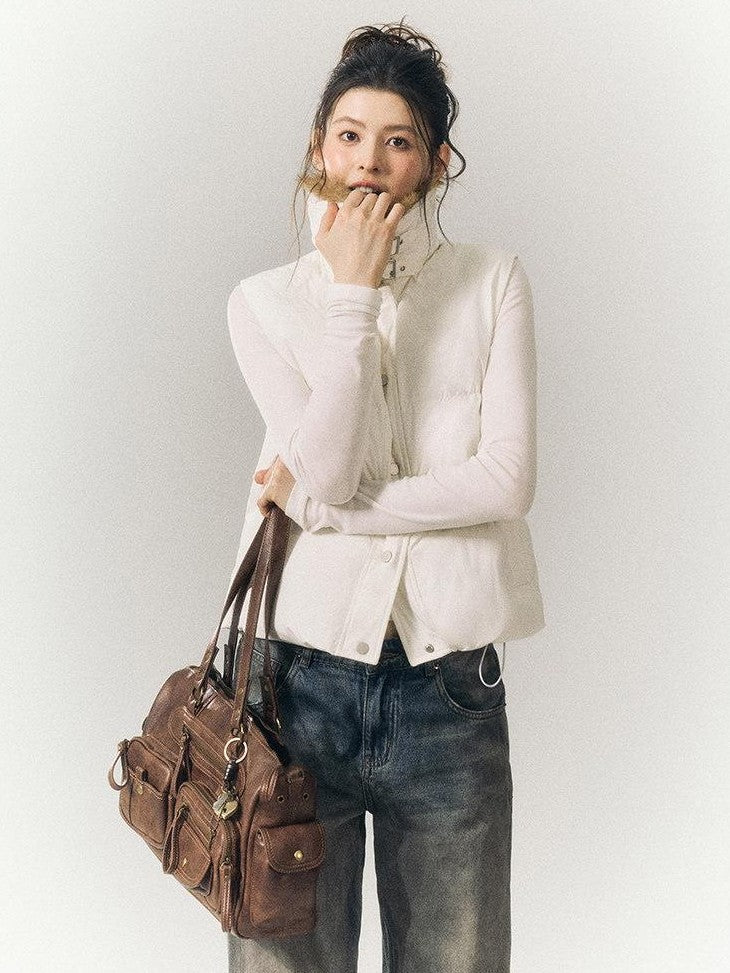 SereneEase Cropped Plaid Stand Collar Vest Women's Polyester Puffer Jackets