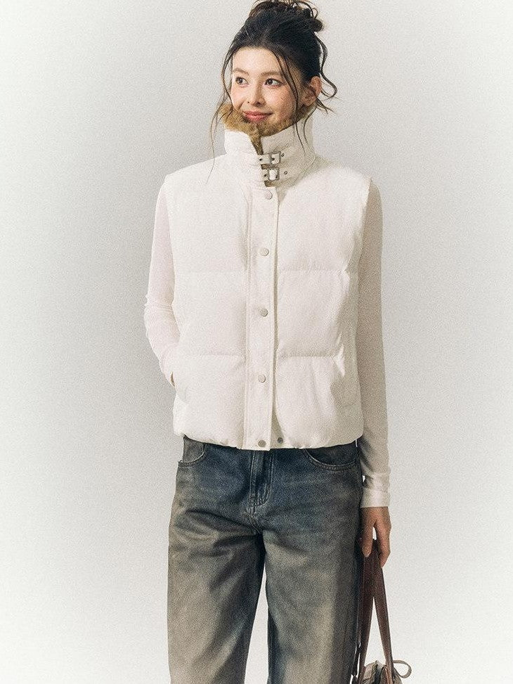 SereneEase Cropped Plaid Stand Collar Vest Women's Polyester Puffer Jackets
