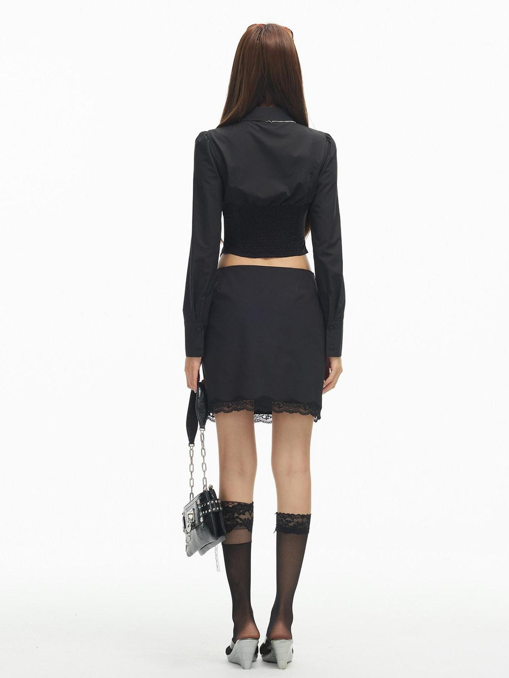 SereneEase Cutout Lapel Slim Short Shirt Long Sleeve High Waist Women's Matching Skirt Sets