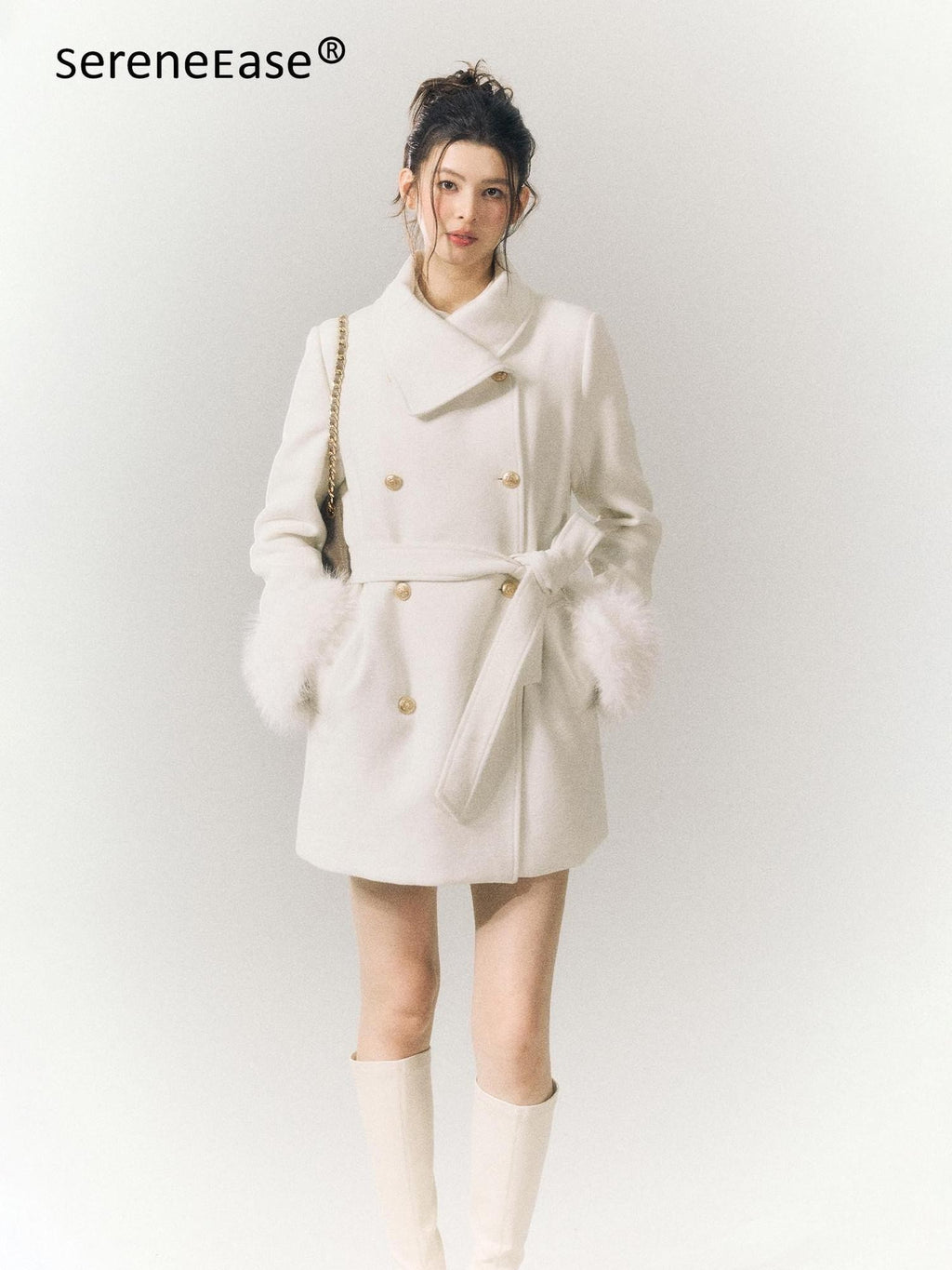 SereneEase Detachable Fur Sleeves Two Way Double Breasted Women's Wool Blend Wool Coats