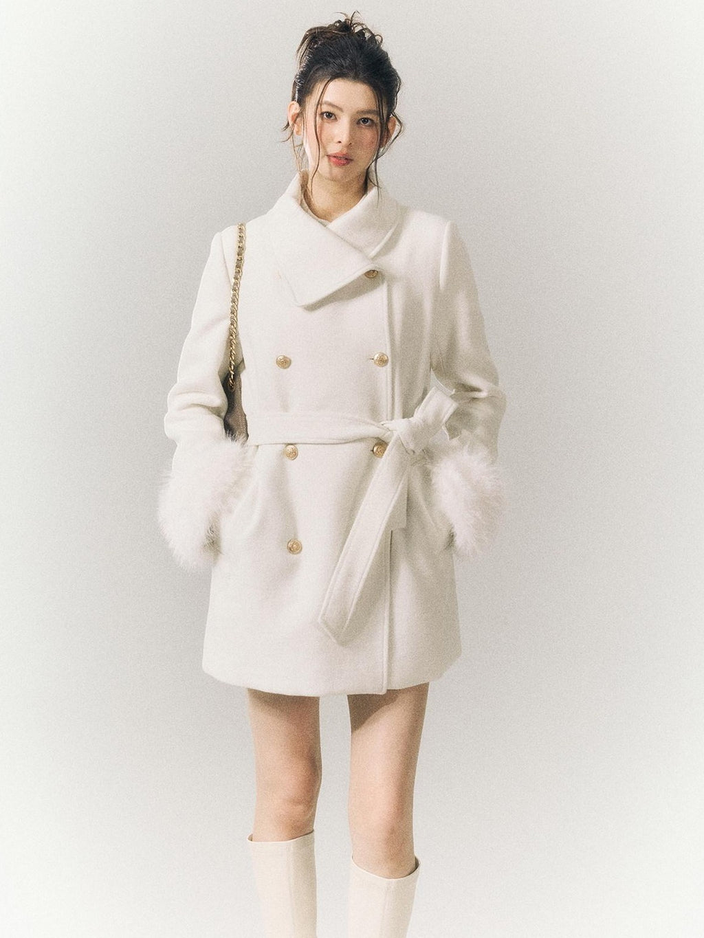 SereneEase Detachable Fur Sleeves Two Way Double Breasted Women's Wool Blend Wool Coats
