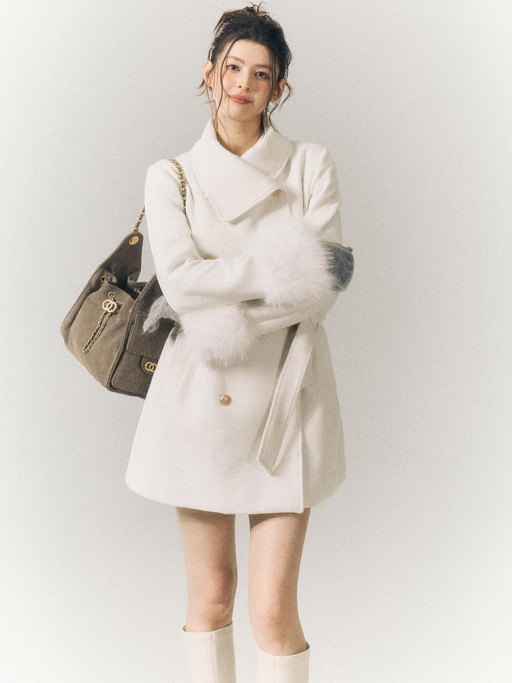 SereneEase Detachable Fur Sleeves Two Way Double Breasted Women's Wool Blend Wool Coats