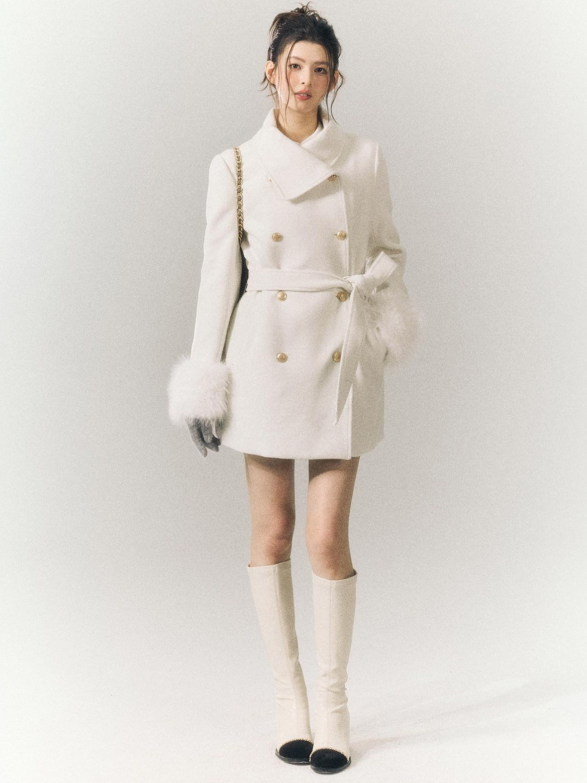 SereneEase Detachable Fur Sleeves Two Way Double Breasted Women's Wool Blend Wool Coats