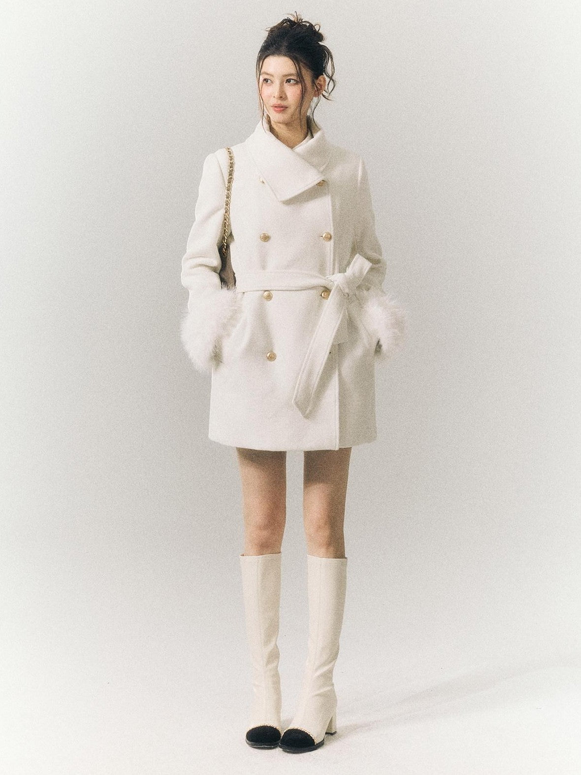 SereneEase Detachable Fur Sleeves Two Way Double Breasted Women's Wool Blend Wool Coats