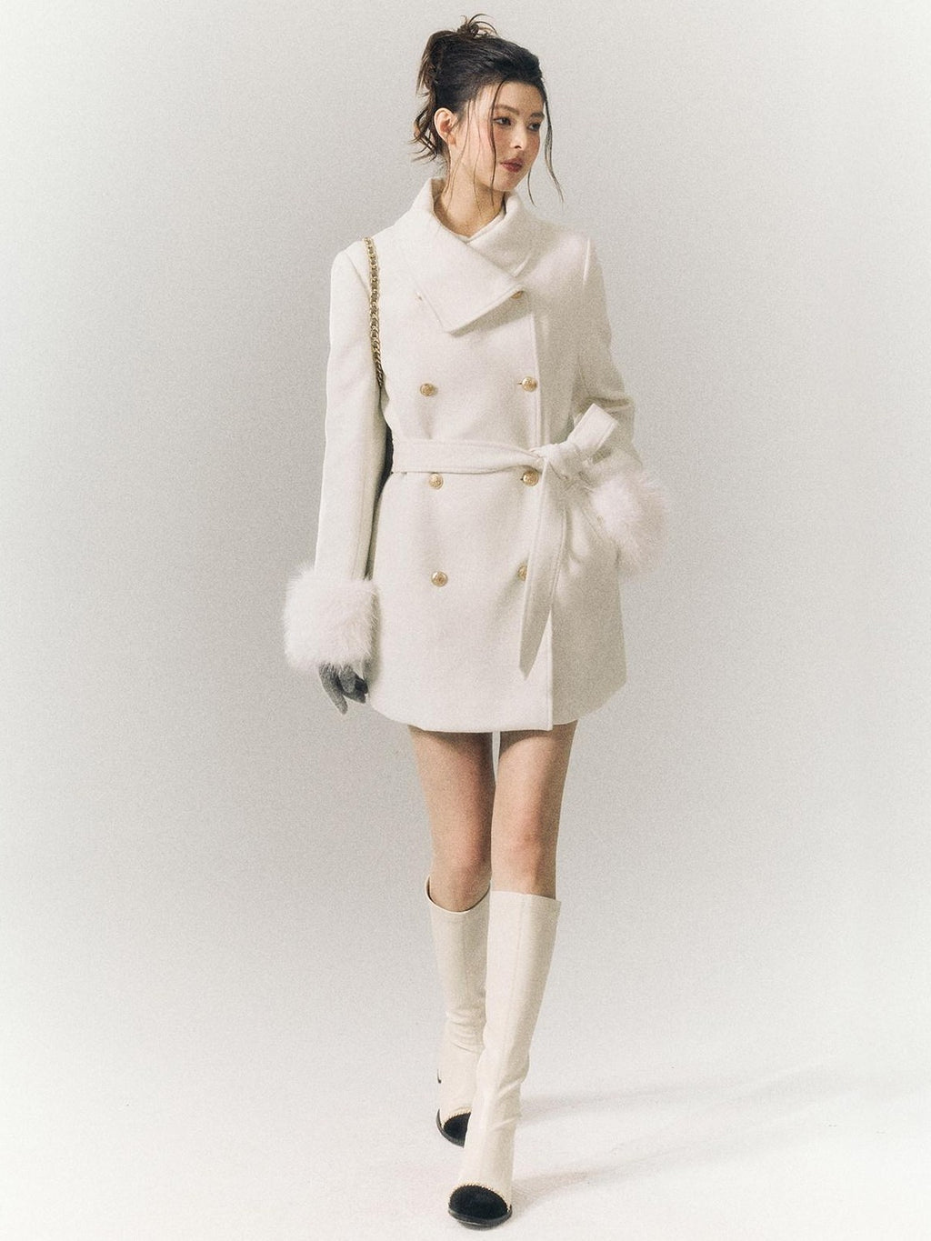 SereneEase Detachable Fur Sleeves Two Way Double Breasted Women's Wool Blend Wool Coats