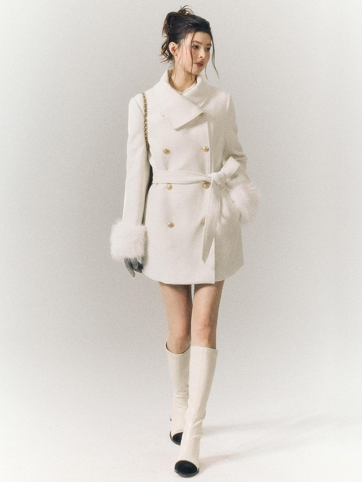 SereneEase Detachable Fur Sleeves Two Way Double Breasted Women's Wool Blend Wool Coats