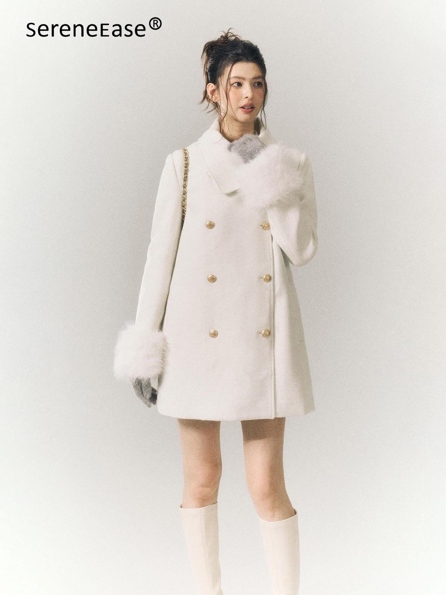 SereneEase Detachable Fur Sleeves Two Way Double Breasted Women's Wool Blend Wool Coats