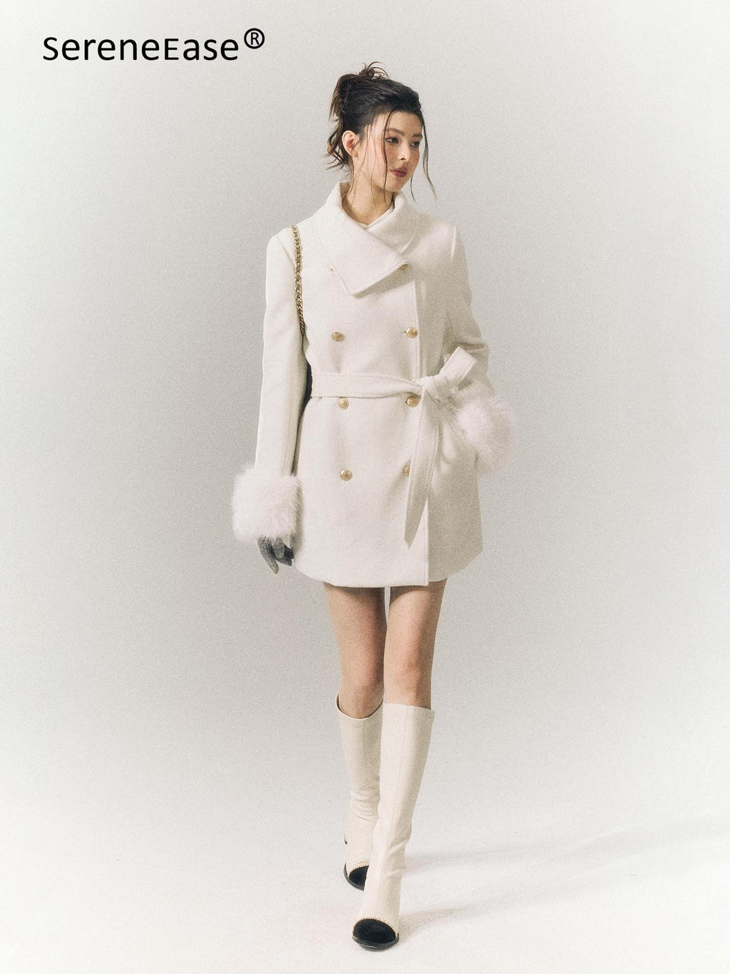 SereneEase Detachable Fur Sleeves Two Way Double Breasted Women's Wool Blend Wool Coats