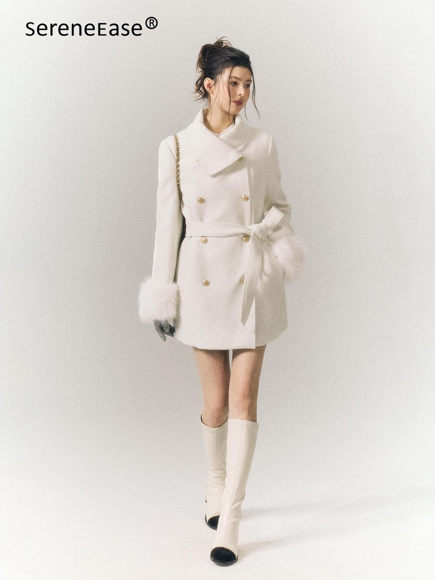 SereneEase Detachable Fur Sleeves Two Way Double Breasted Women's Wool Blend Wool Coats