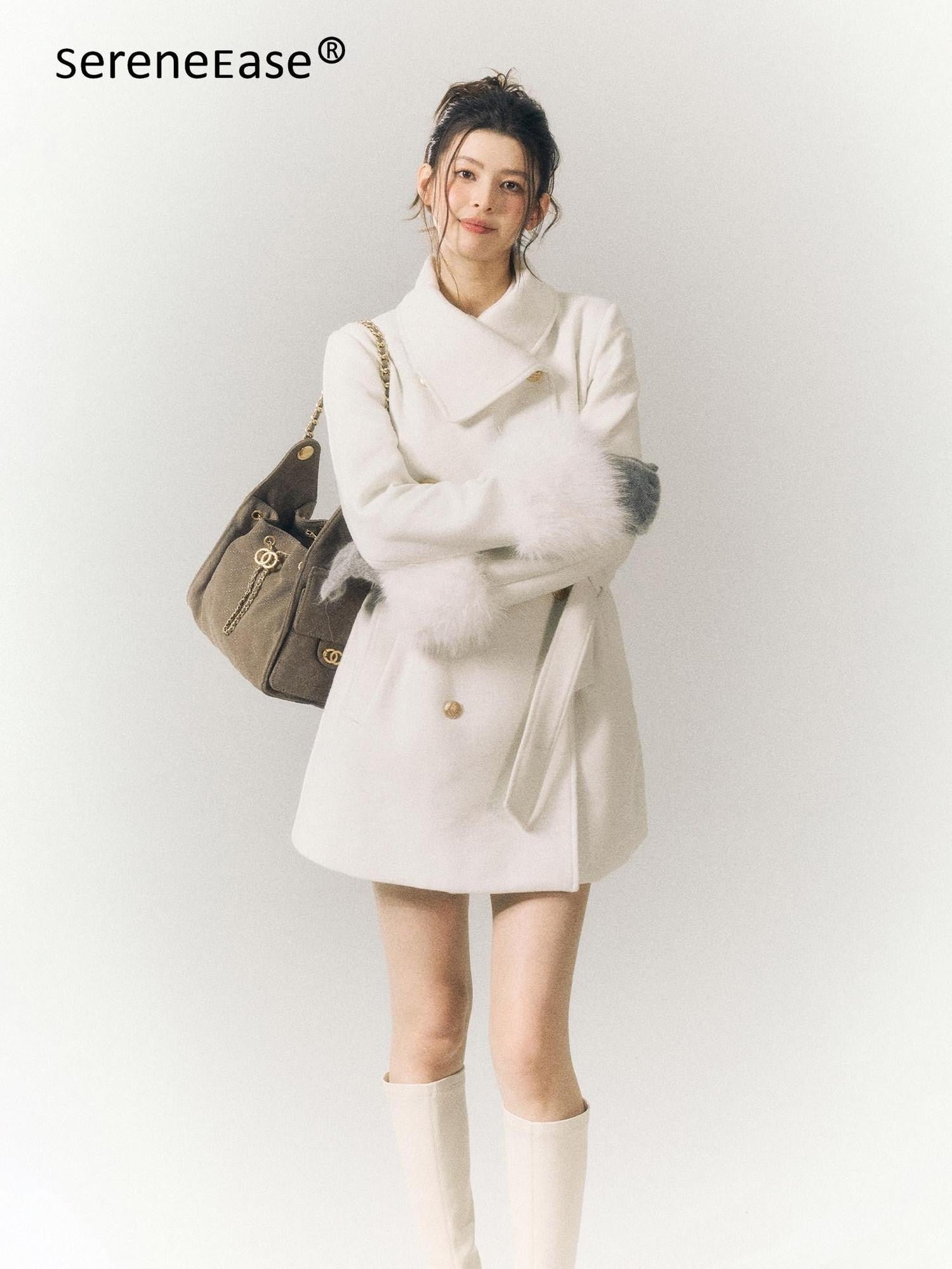 SereneEase Detachable Fur Sleeves Two Way Double Breasted Women's Wool Blend Wool Coats