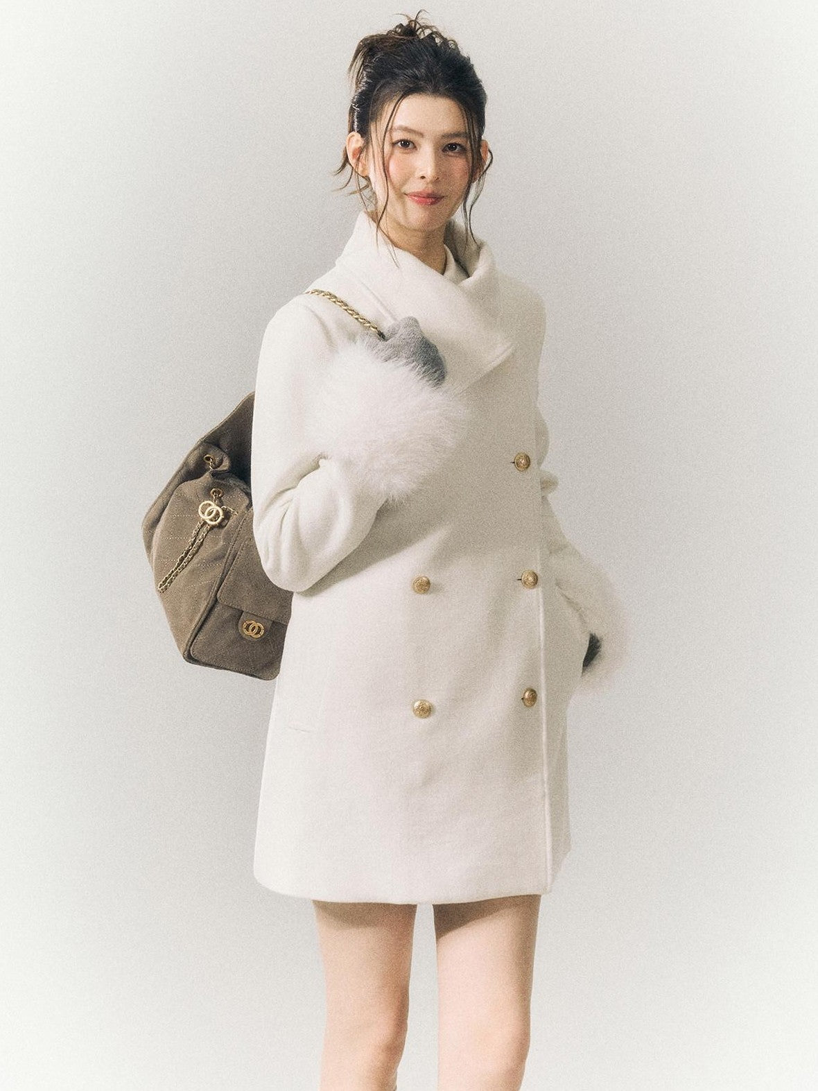 SereneEase Detachable Fur Sleeves Two Way Double Breasted Women's Wool Blend Wool Coats