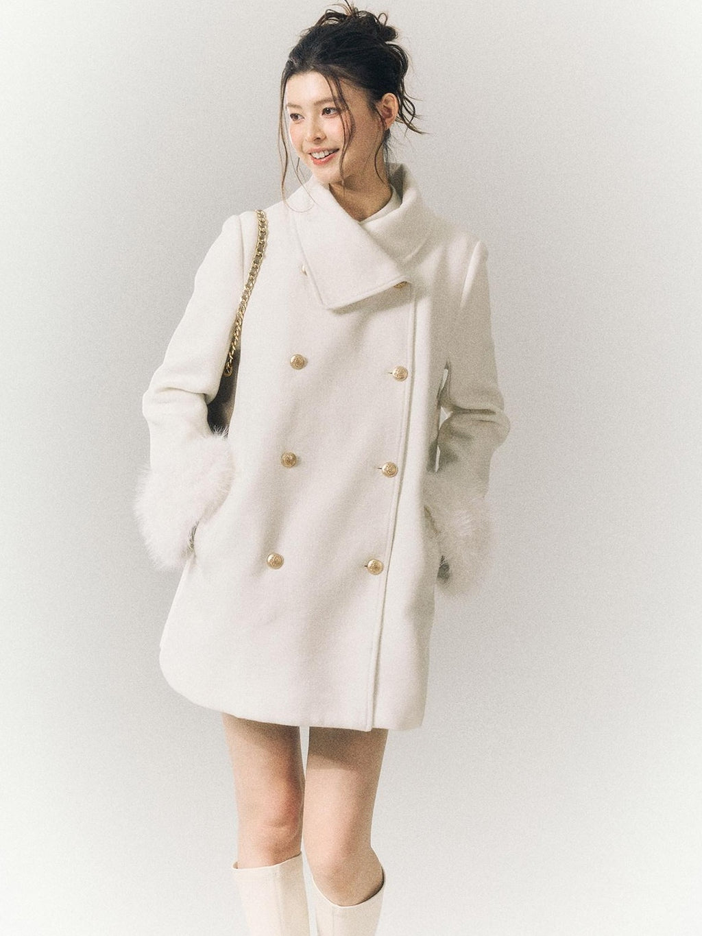 SereneEase Detachable Fur Sleeves Two Way Double Breasted Women's Wool Blend Wool Coats
