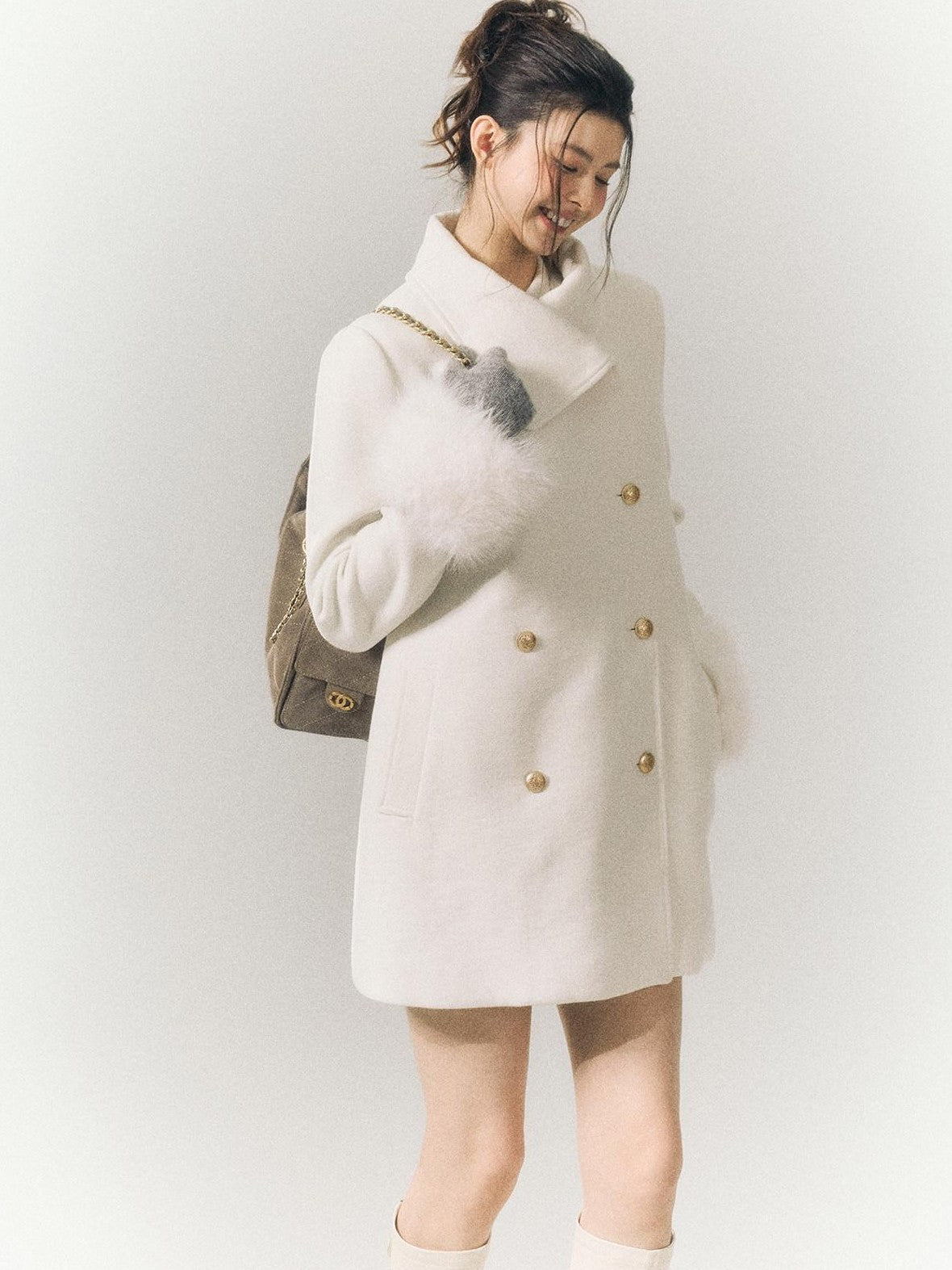 SereneEase Detachable Fur Sleeves Two Way Double Breasted Women's Wool Blend Wool Coats