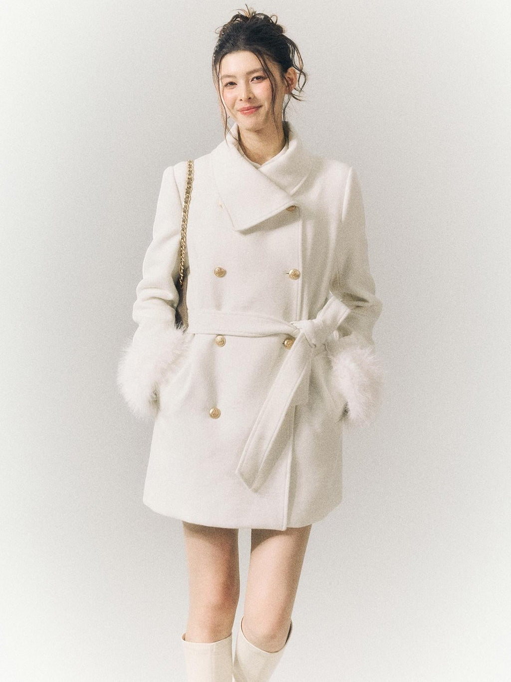 SereneEase Detachable Fur Sleeves Two Way Double Breasted Women's Wool Blend Wool Coats