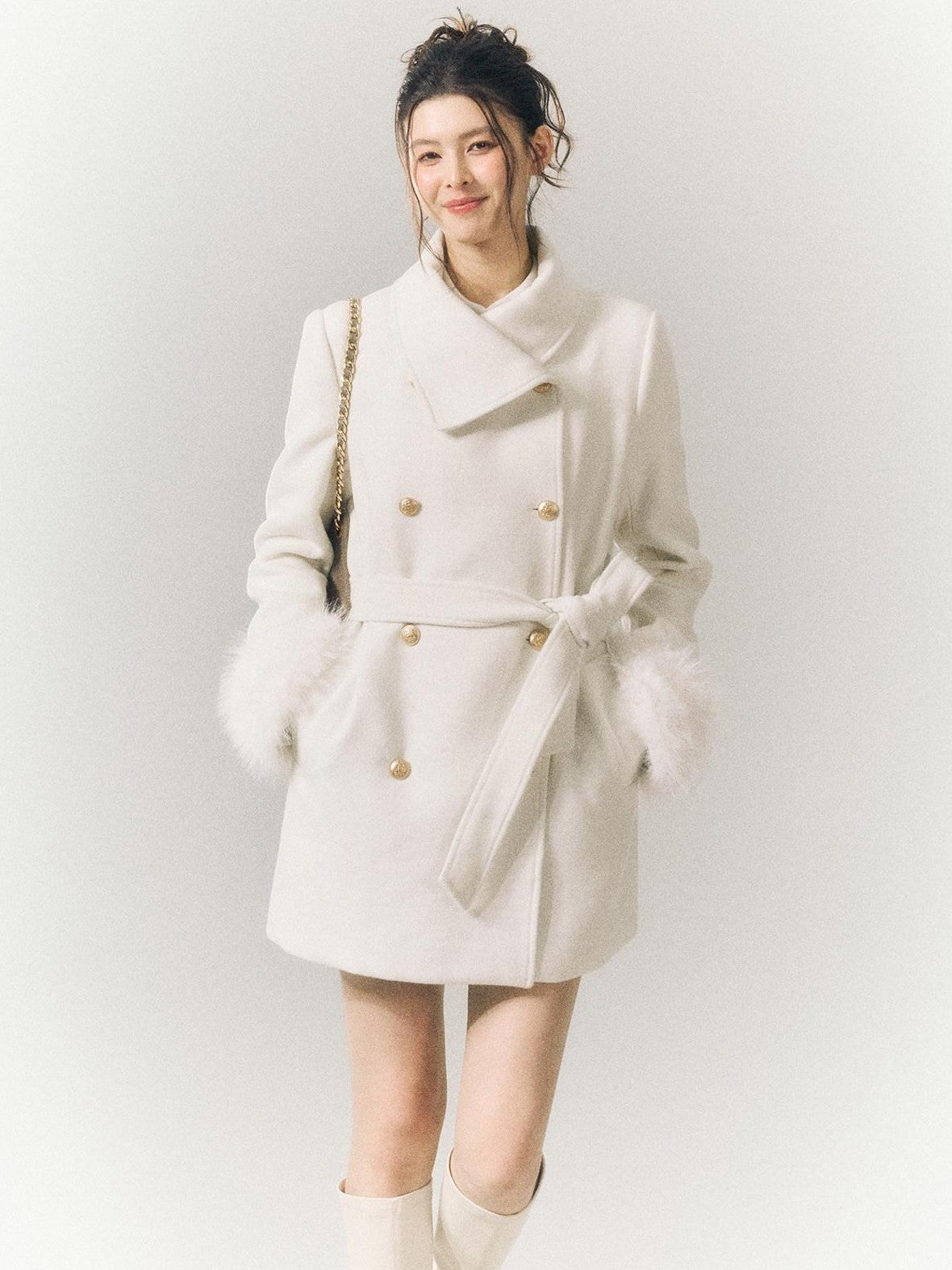 SereneEase Detachable Fur Sleeves Two Way Double Breasted Women's Wool Blend Wool Coats