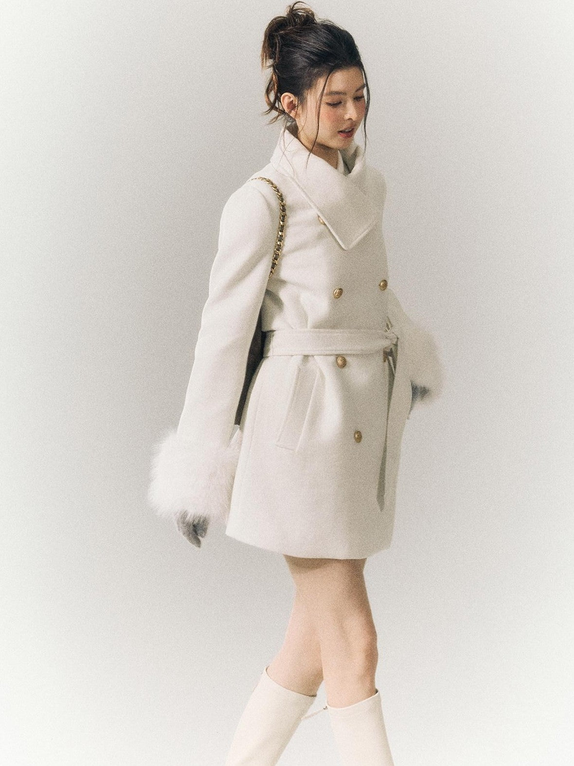 SereneEase Detachable Fur Sleeves Two Way Double Breasted Women's Wool Blend Wool Coats