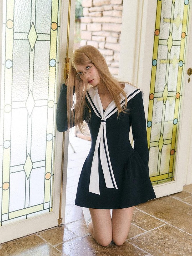 SereneEase Detachable Sailor Collar Panel Waist Long Sleeve Women's Casual Mini Dresses