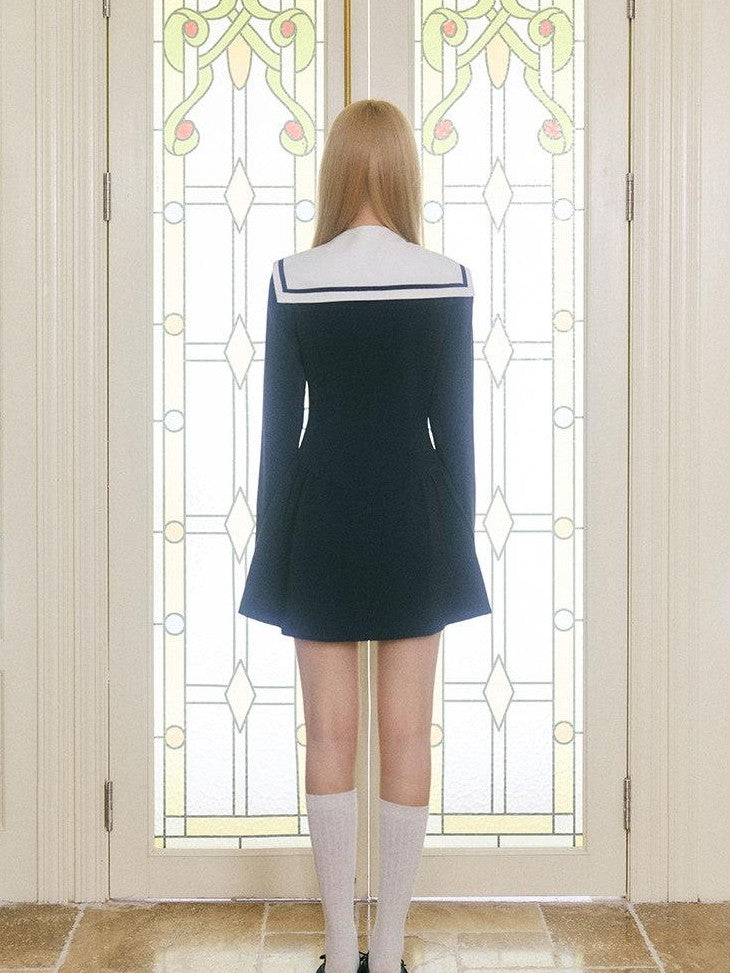 SereneEase Detachable Sailor Collar Panel Waist Long Sleeve Women's Casual Mini Dresses