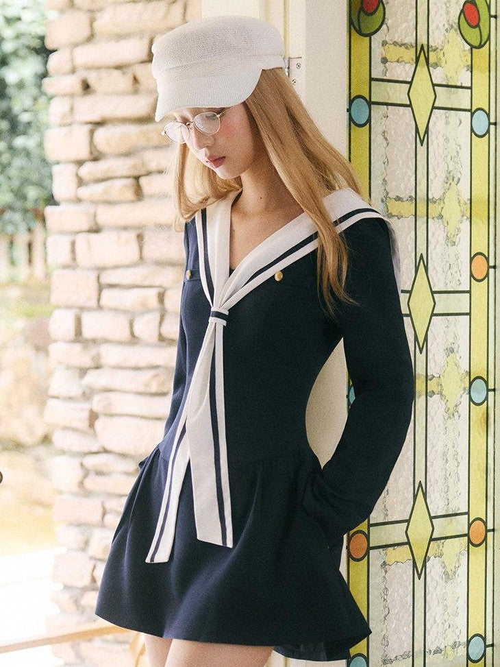 SereneEase Detachable Sailor Collar Panel Waist Long Sleeve Women's Casual Mini Dresses