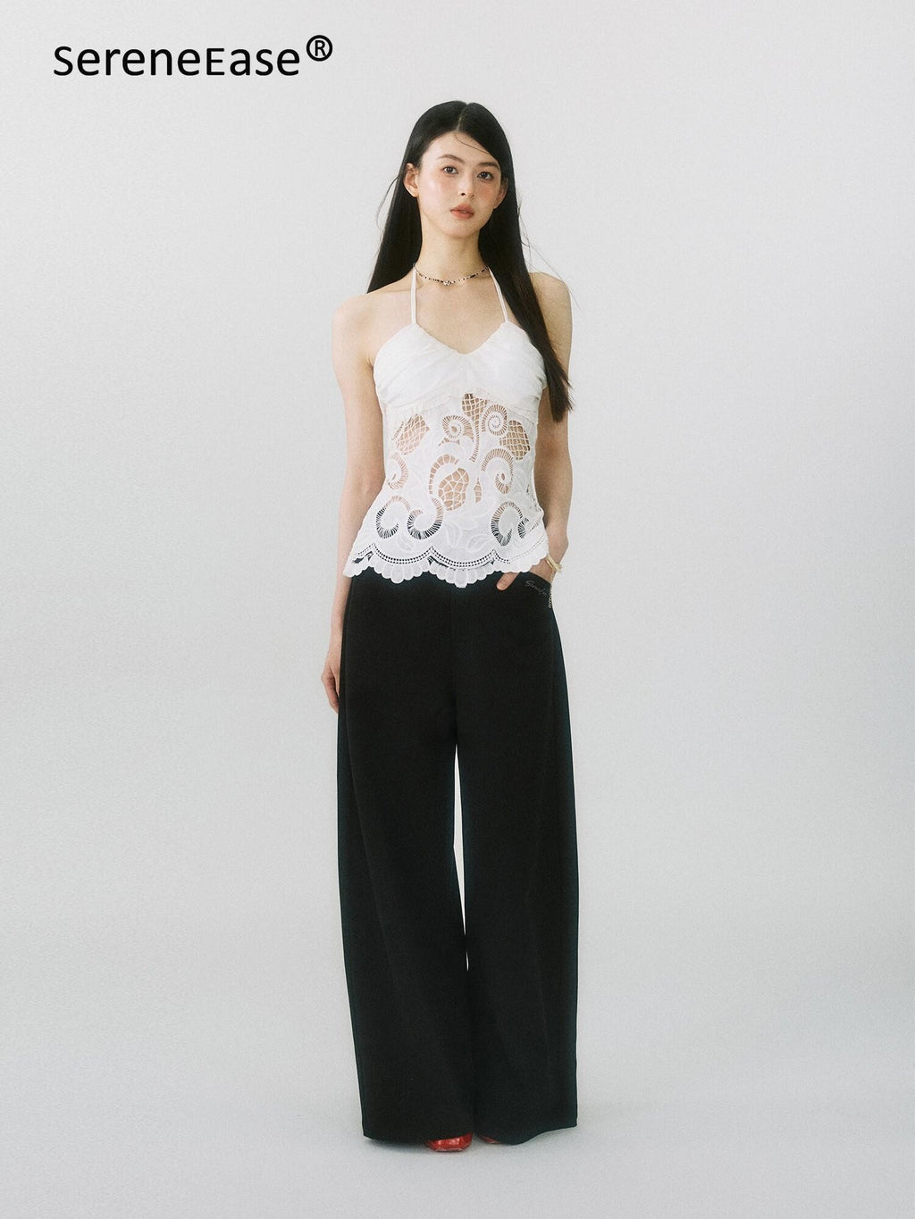 SereneEase Drapey Curved Crease High Waist Pockets Women's Polyester Wide-leg Pants