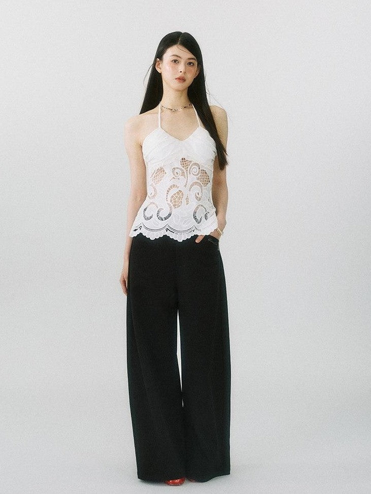SereneEase Drapey Curved Crease High Waist Pockets Women's Polyester Wide-leg Pants