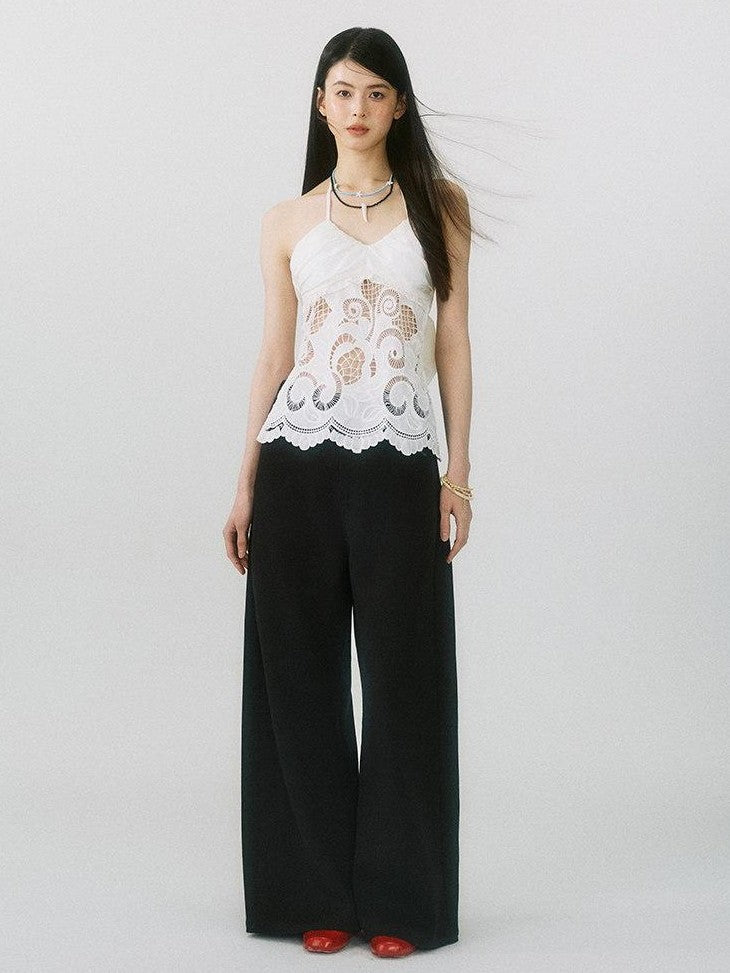 SereneEase Drapey Curved Crease High Waist Pockets Women's Polyester Wide-leg Pants