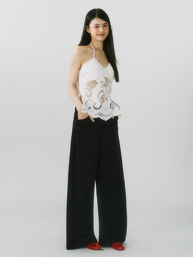 SereneEase Drapey Curved Crease High Waist Pockets Women's Polyester Wide-leg Pants