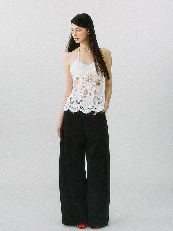 SereneEase Drapey Curved Crease High Waist Pockets Women's Polyester Wide-leg Pants