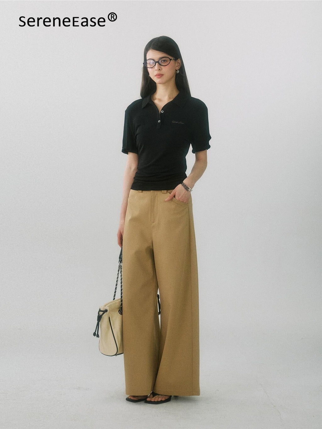 SereneEase Drapey Curved Crease High Waist Pockets Women's Polyester Wide-leg Pants