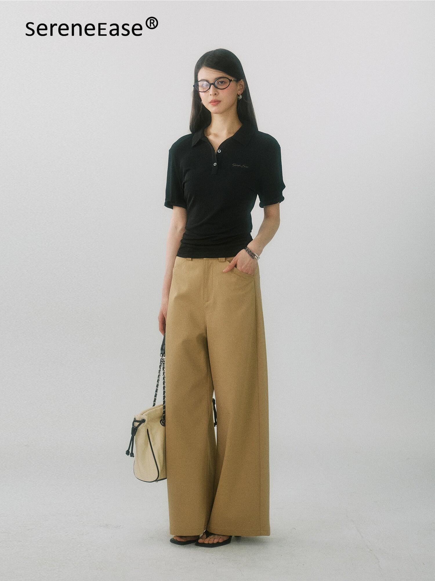 SereneEase Drapey Curved Crease High Waist Pockets Women's Polyester Wide-leg Pants