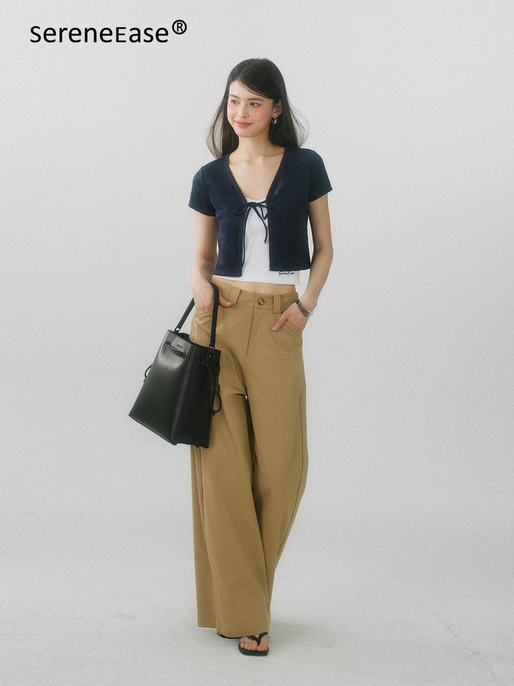 SereneEase Drapey Curved Crease High Waist Pockets Women's Polyester Wide-leg Pants