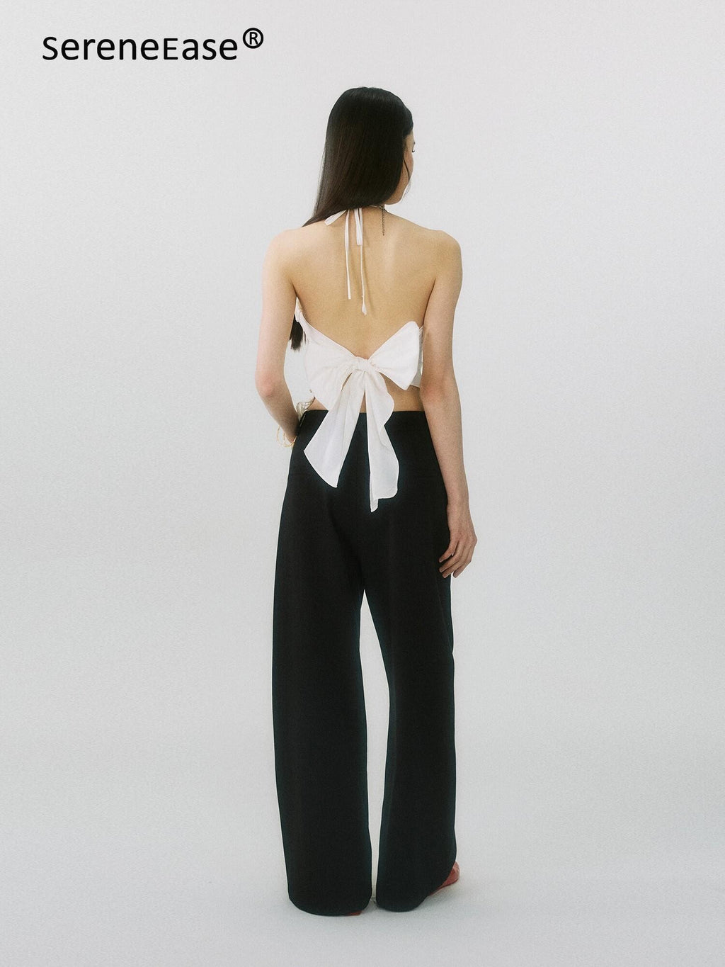 SereneEase Drapey Curved Crease High Waist Pockets Women's Polyester Wide-leg Pants