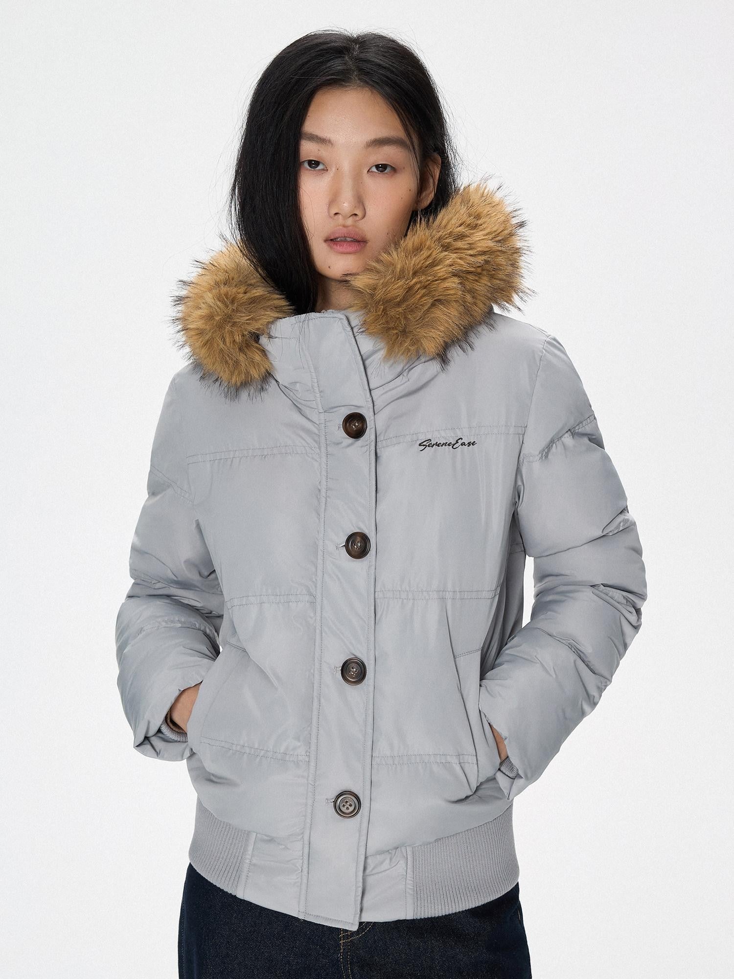 SereneEase Faux Fur Collar Fleece Lined Hooded Straight Cut Women's Cotton Puffer Jackets