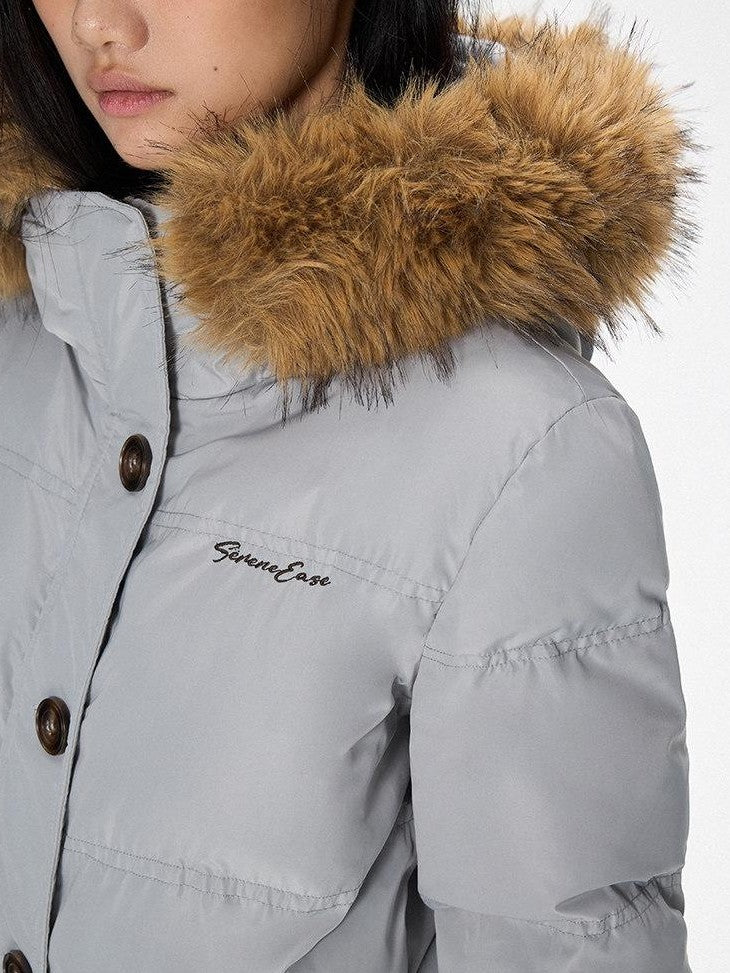 SereneEase Faux Fur Collar Fleece Lined Hooded Straight Cut Women's Cotton Puffer Jackets