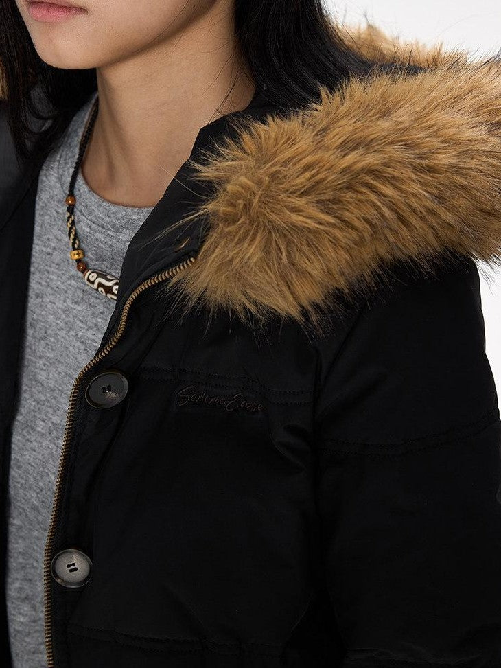 SereneEase Faux Fur Collar Fleece Lined Hooded Straight Cut Women's Cotton Puffer Jackets