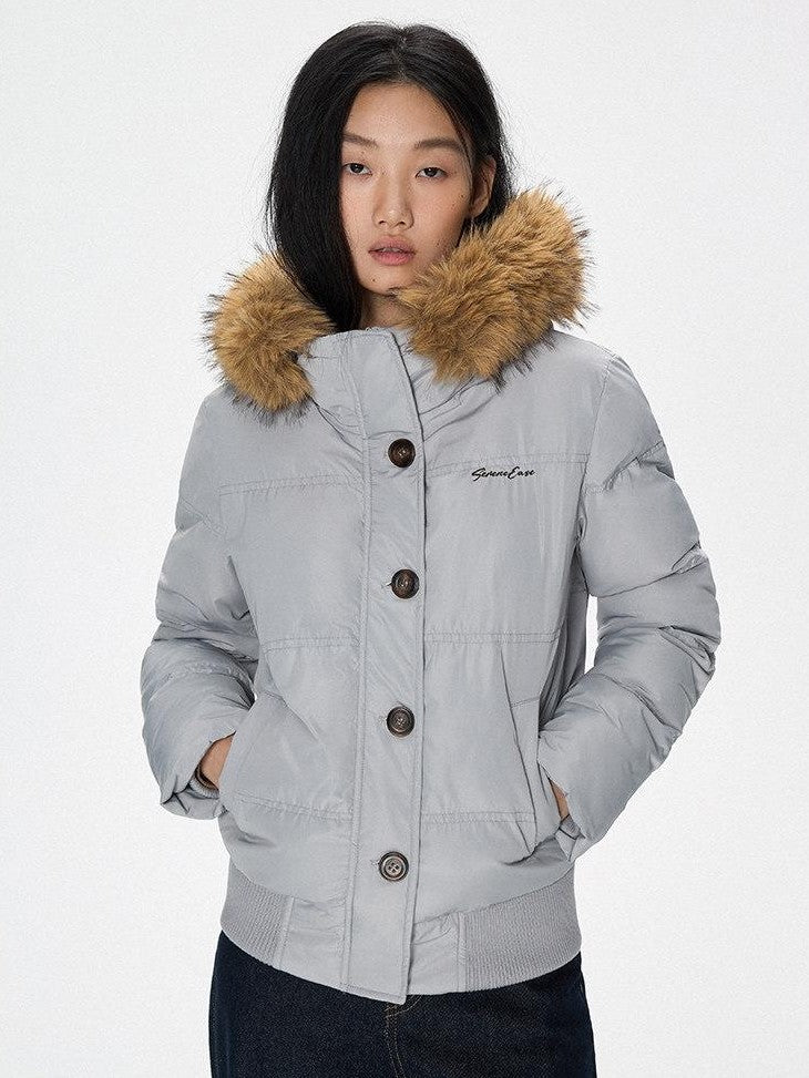 SereneEase Faux Fur Collar Fleece Lined Hooded Straight Cut Women's Cotton Puffer Jackets