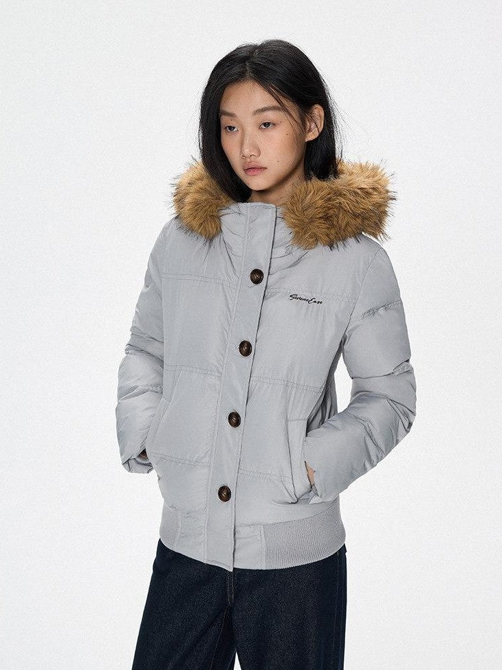 SereneEase Faux Fur Collar Fleece Lined Hooded Straight Cut Women's Cotton Puffer Jackets